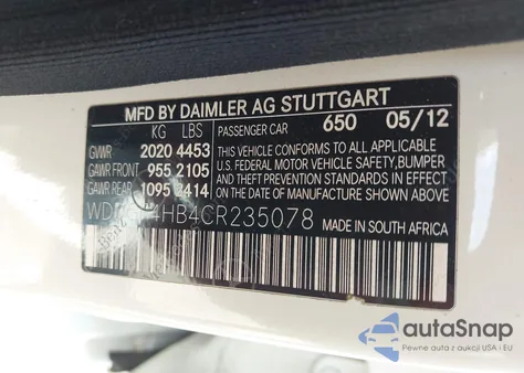 2012 Mercedes-Benz C 250 Luxury/Sport z USA, uszkodzony, nr VIN WDDGF4HB4CR235078